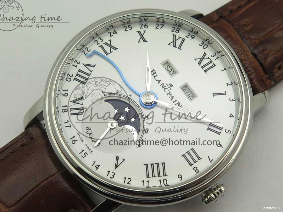 0712 Upgraded Villeret Quantième Complet 8 Jours SS Complicated Function OMF 1:1 Best Edition White Dial on Brown Leather Strap A 7983
